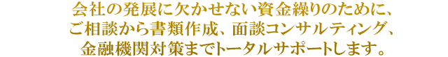 会社の発展に欠かせない資金繰りのために、ご相談から書類作成、面談コンサルティング、金融機関対策までトータルサポートします。